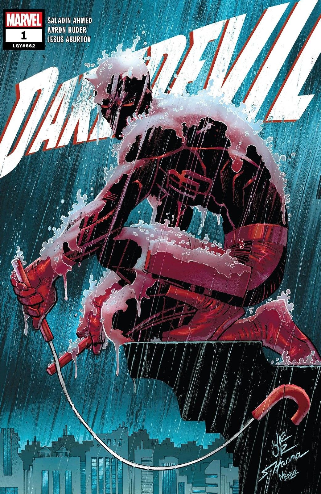 Daredevil is perched on the edge of a building in the rain in Daredevil (Vol. 8) #1 by Marvel Comics