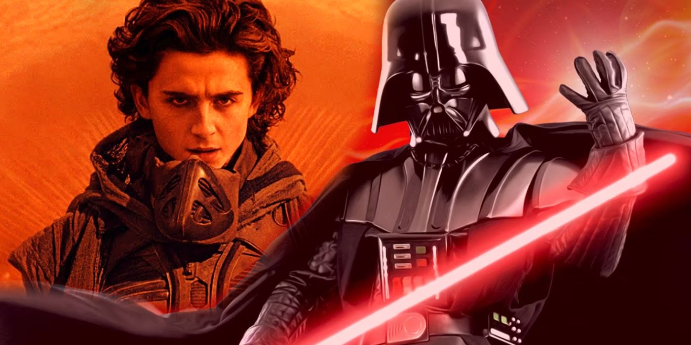 Colagem: Timothee Chalamet como Paul Atreides em Duna olhando furioso para Darth Vader de Star Wars