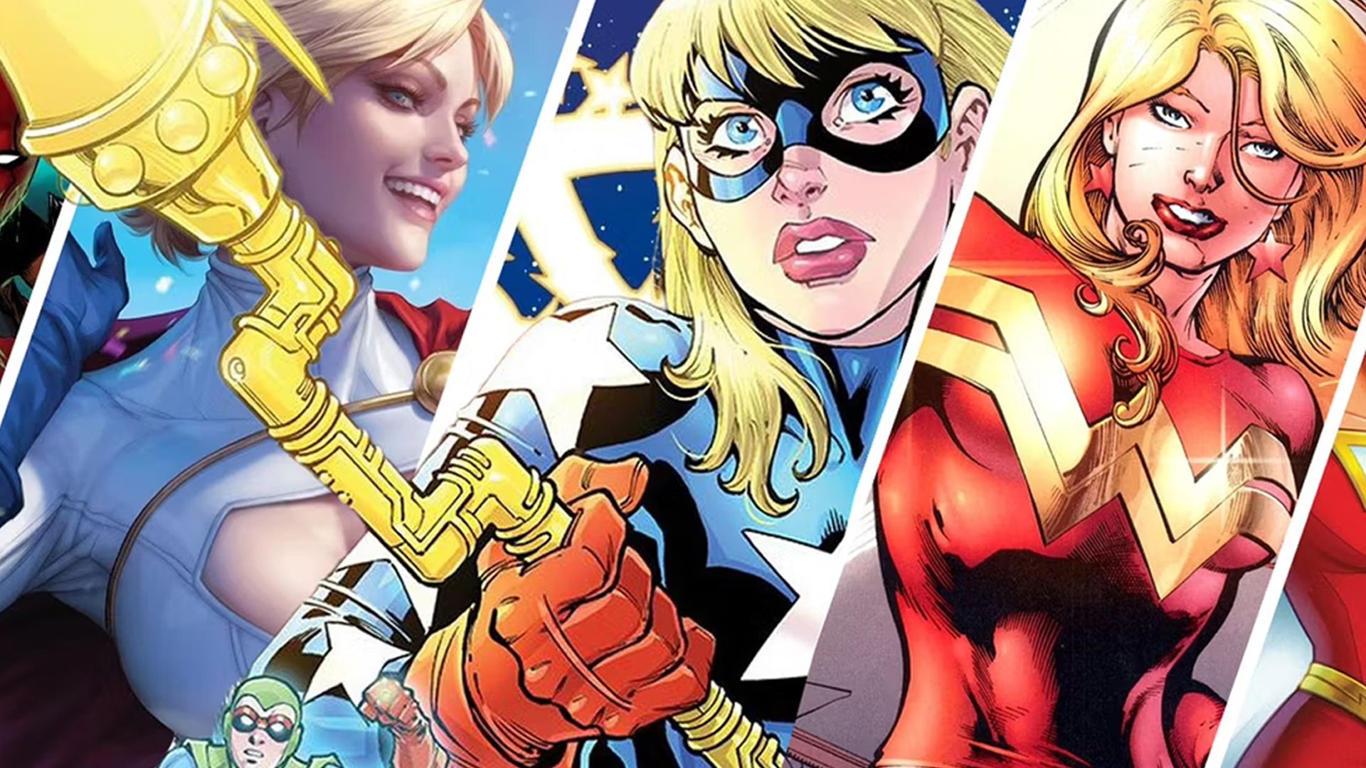 A split image of Power Girl, Stargirl, and Wonder Girl (Cassie Sandsmark)