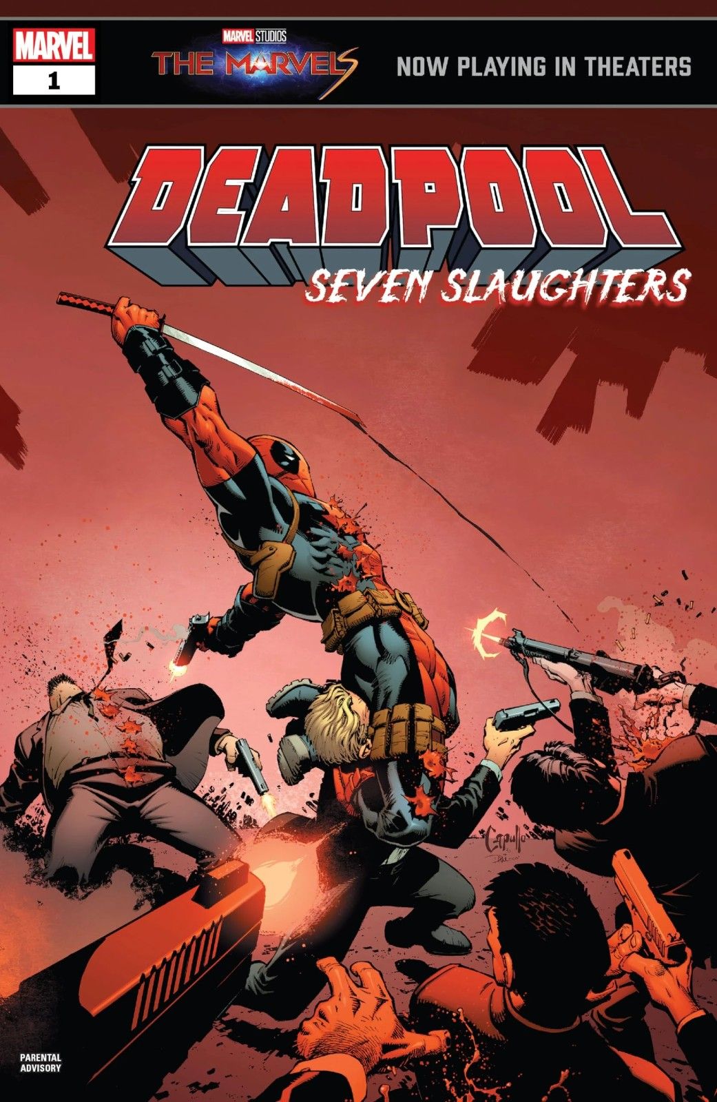 Deadpool kills multiple enemies in Deadpool: Seven Slaughters #1 By Marvel