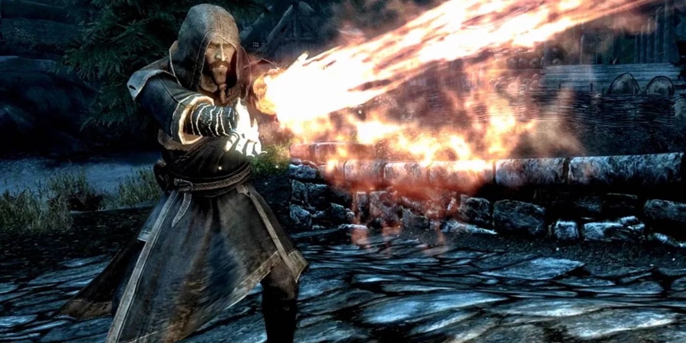 Um mago lançando feitiços de Destruição em The Elder Scrolls V: Skyrim