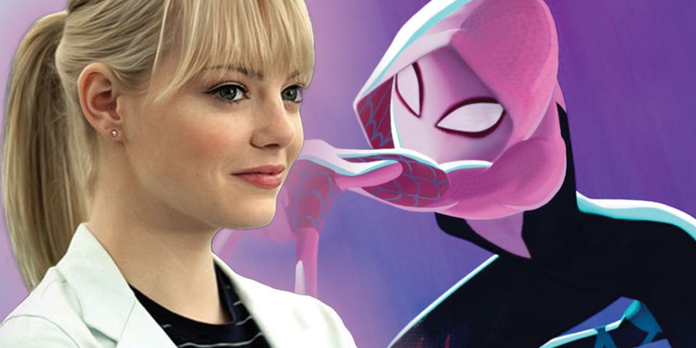Emma Stone as Gwen Stacy beside a shot of Spider-Gwen from Sony's Spider-Verse films.