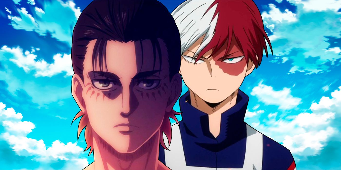 Eren Yaeger from Attack on Titan and Shoto Todoroki from My Hero Academia looking angry
