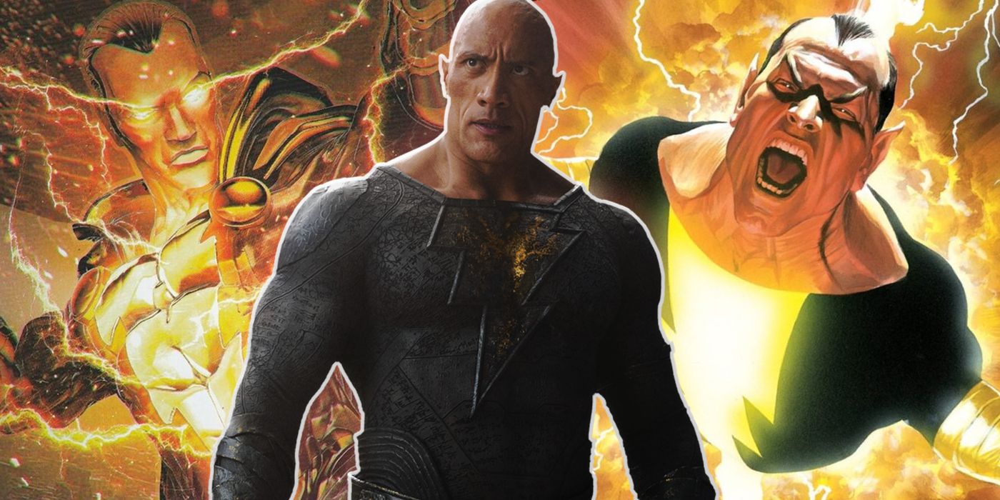Dwayne Johnson's Black Adam with different versions from the comics in the background