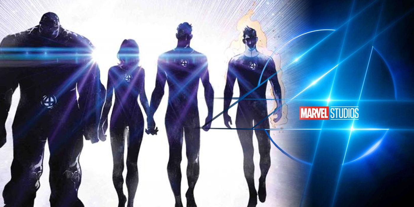 Comic version of the Fantastic Four in silhouette next to the MCU movie logo