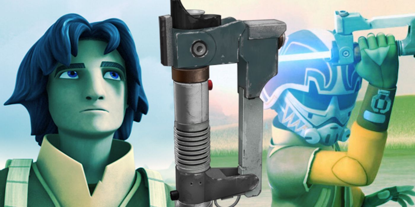 Ezra Bridger's Lightsaber from Star Wars Rebels, with Ezra in the background.