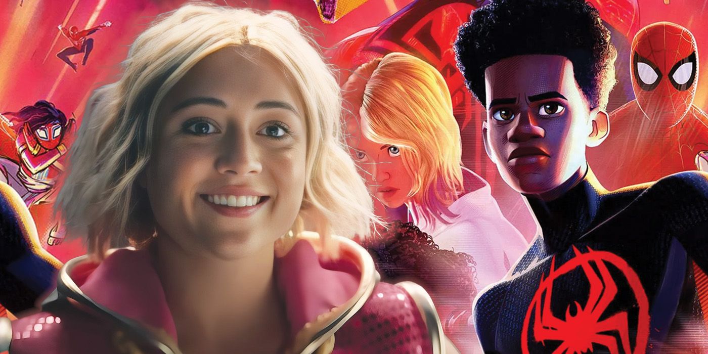 Lizze Broadway in Gen V surrounded by characters from Spider-Man: Across the Spider-Verse