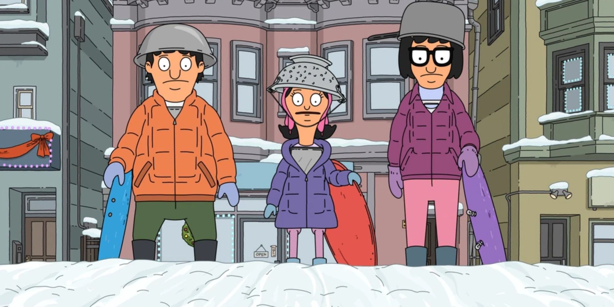 Gene, Louise e Tina tentando andar de trenó no Bob's Burgers.