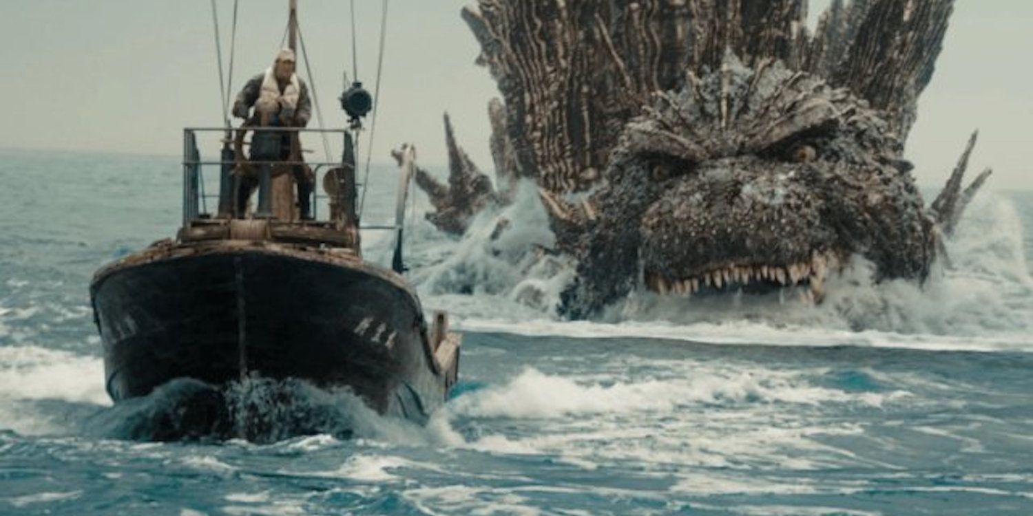 The Shinsei Maru boat from Godzilla Minus One flees, pursued by an angry Godzilla