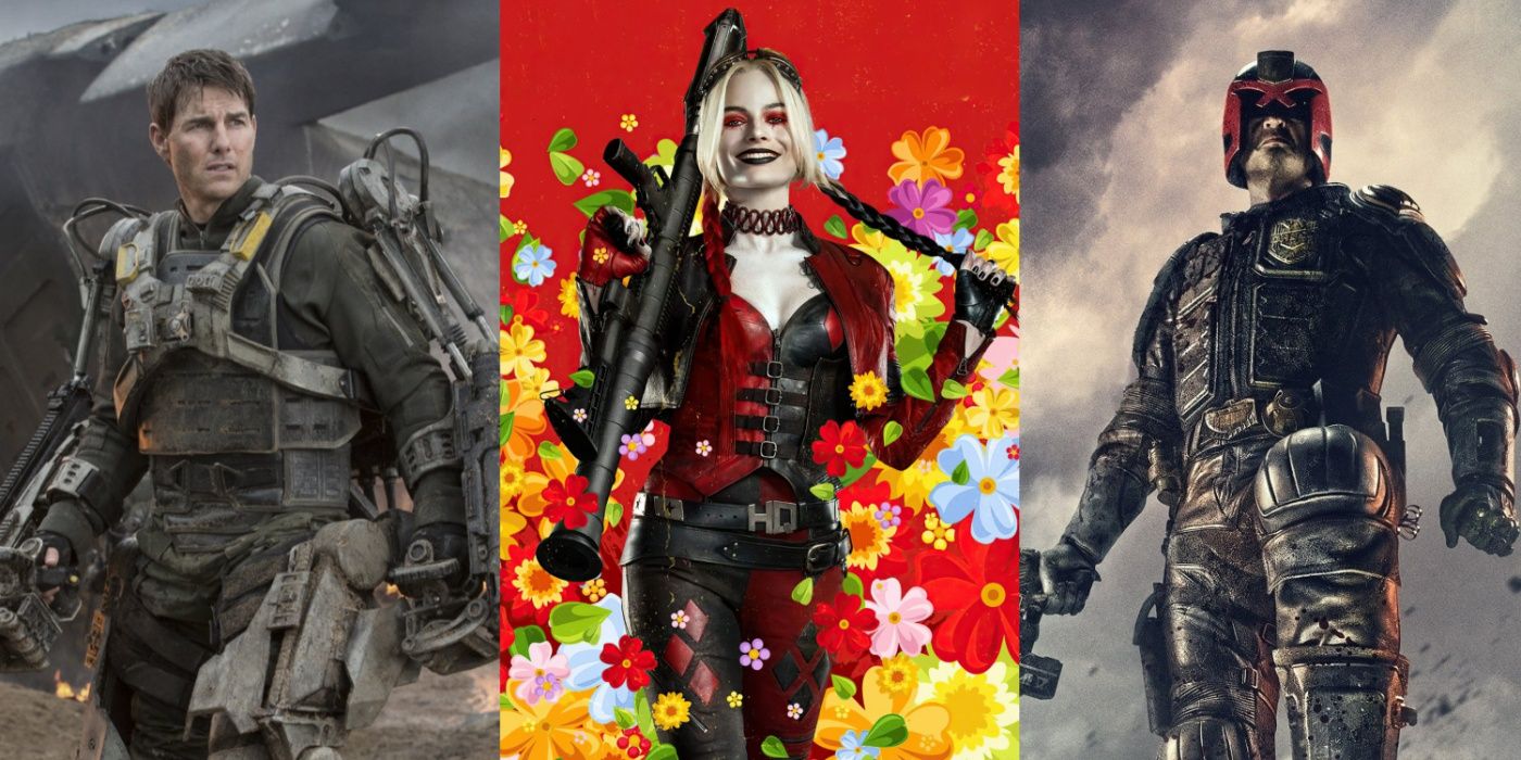 A split image of Edge of Tomorrow, The Suicide Squad, and Dredd