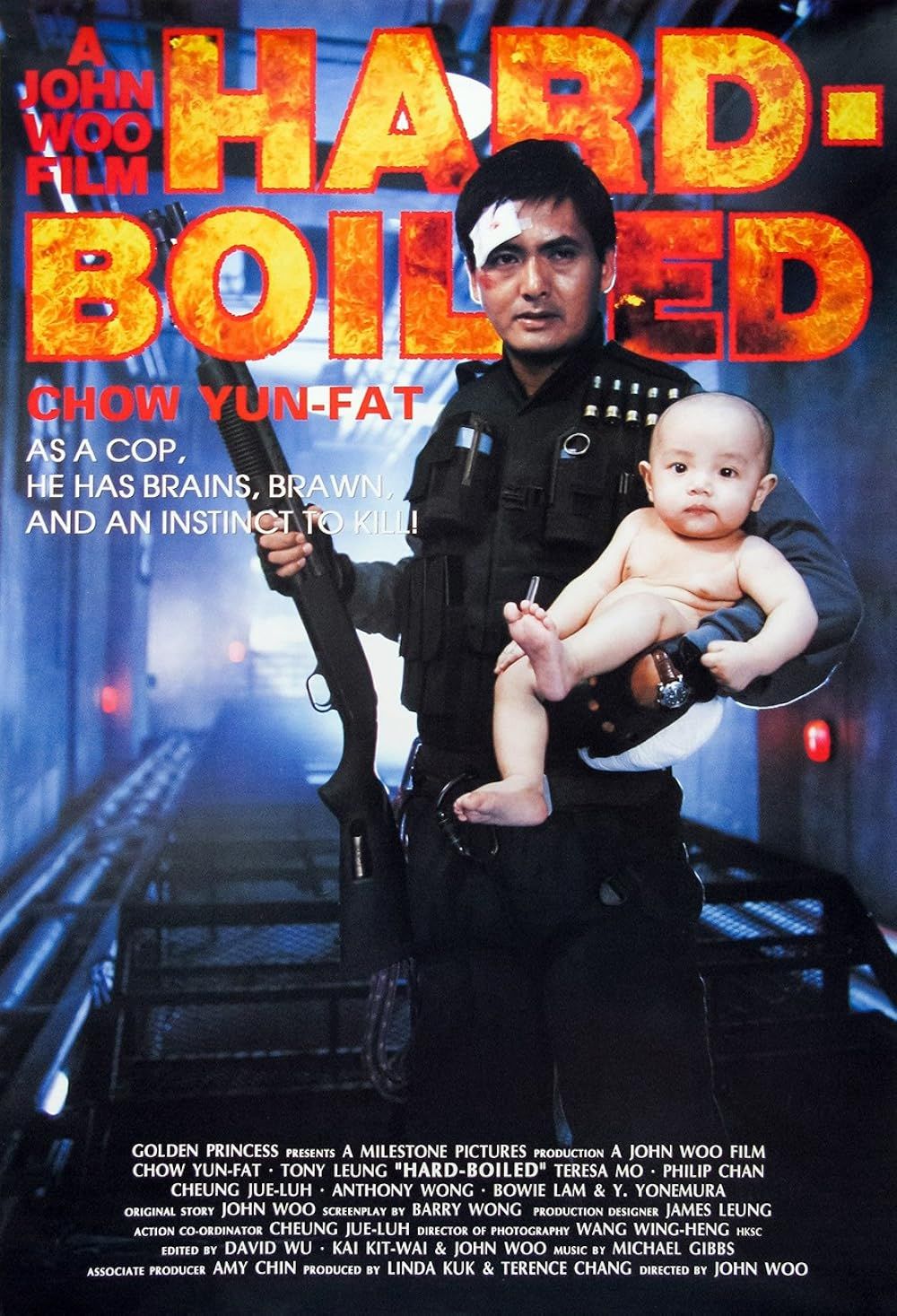 Tequila Yuen (Chow Yun-fat) looks beat up and is holding a gun in one hand and a baby in the other on the poster for Hard Boiled.