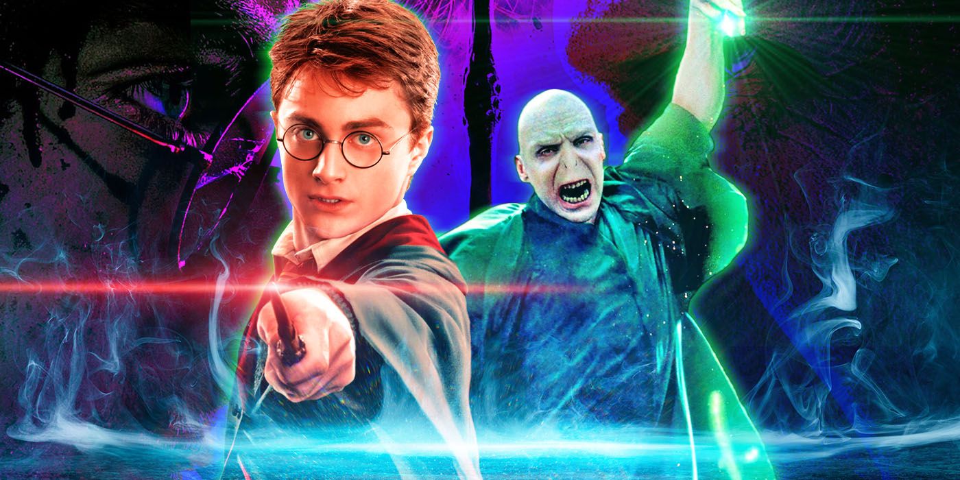 Un collage de Harry Potter y Voldermort con sus varitas