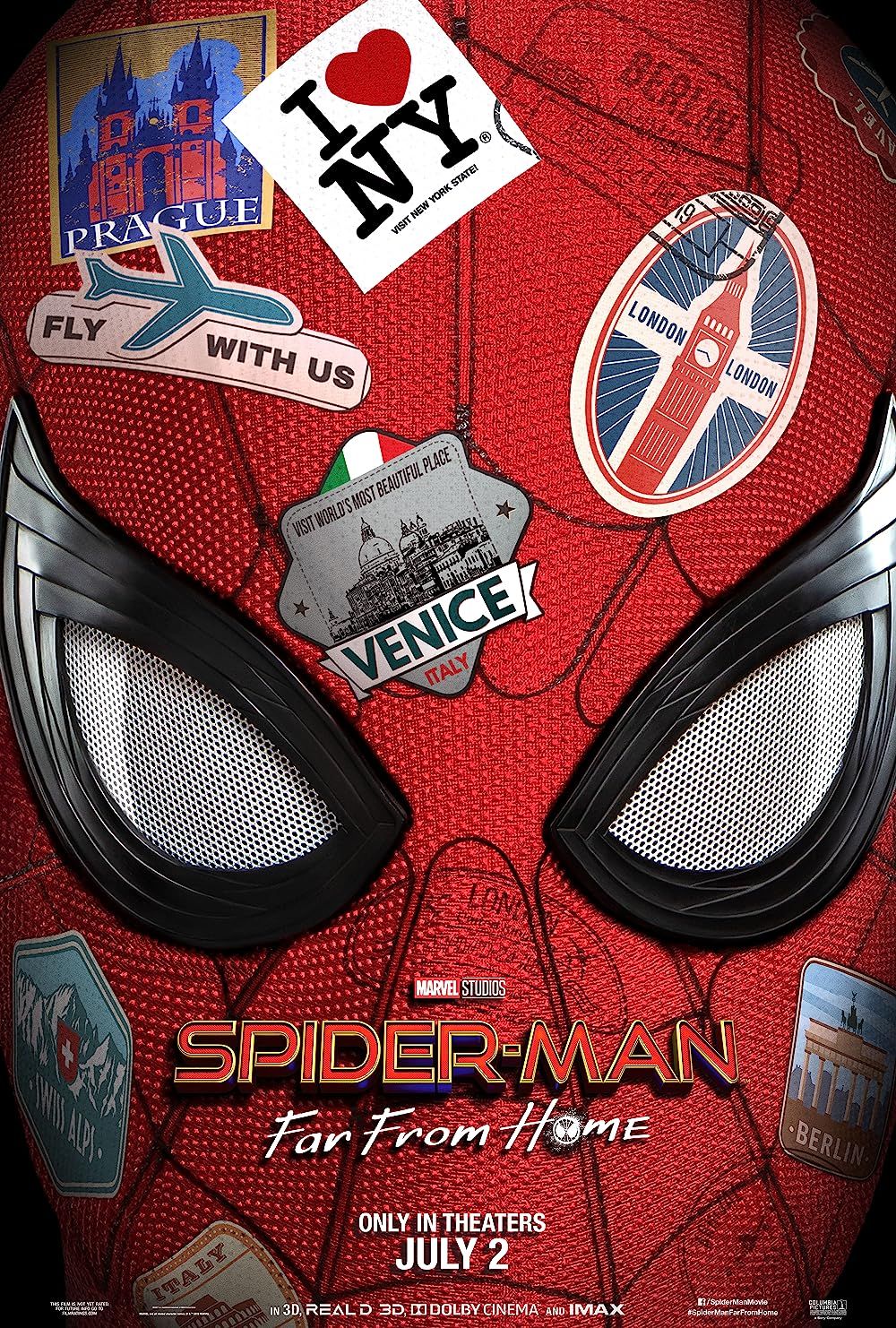 Spider-man's mask with travel stickers all over it in the Spider-Man- Far from Home Movie Poster