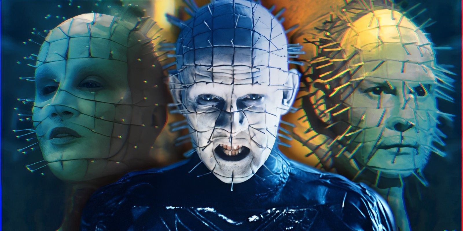 A collage of three Pinheads from the Hellraiser franchise, including Doug Bradley and Jamie Clayton. 