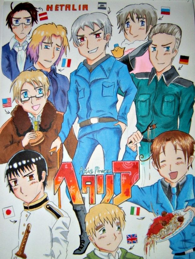 An illustration of Hetalia: Axis Powers characters posing near their country's flags.