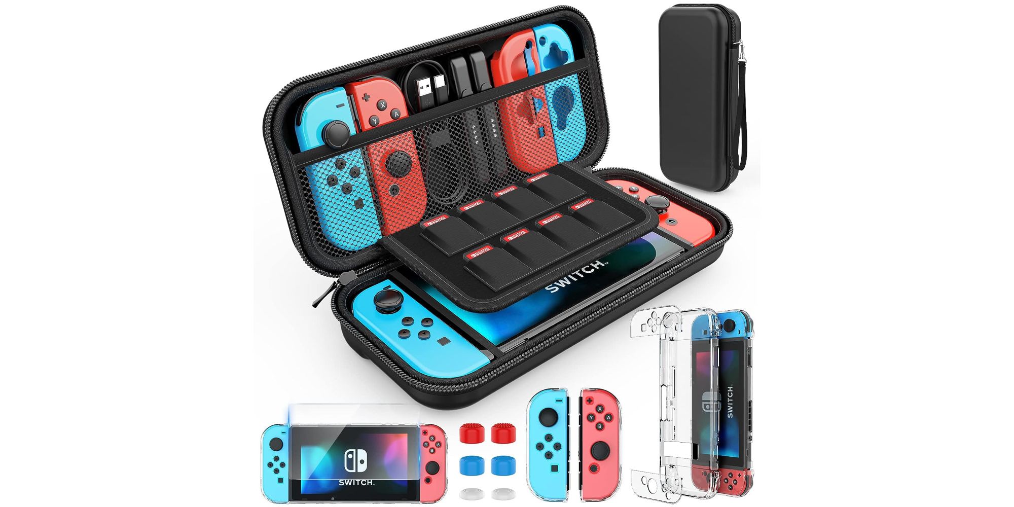 HEYSTOP Switch Case already loaded with a Switch, Joy-Cons, and games (not included) along with thumb grips, screen and Switch protectors, and more