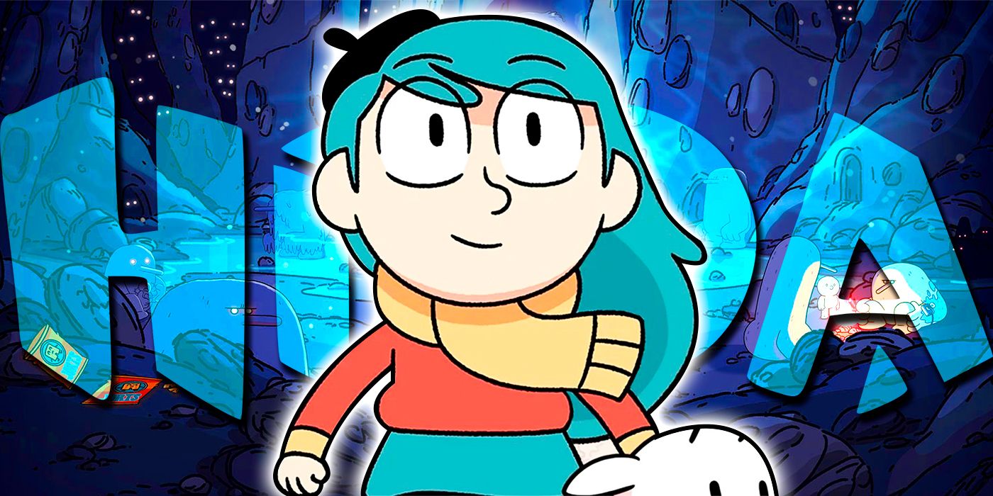 Hilda stands in front of the title for her series.