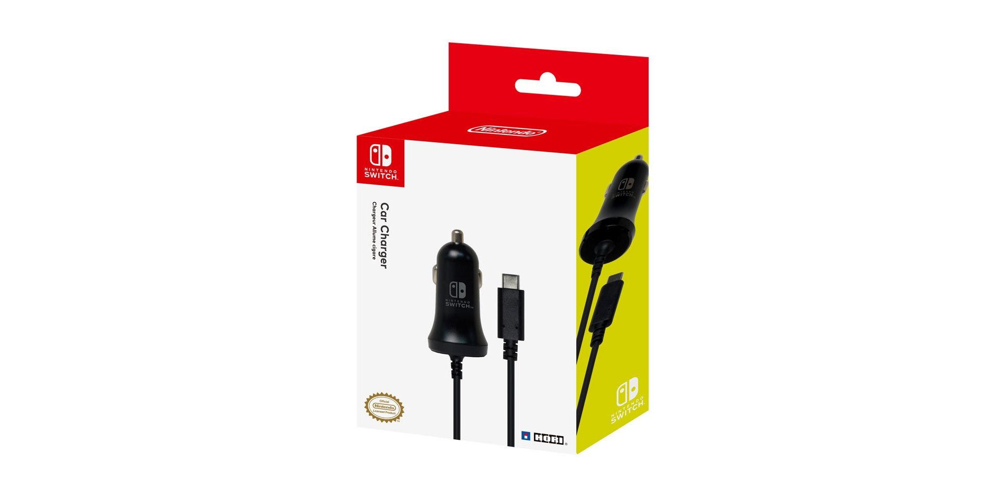 The box for the Hori Switch Car Charger featuring an image of the car charger itself