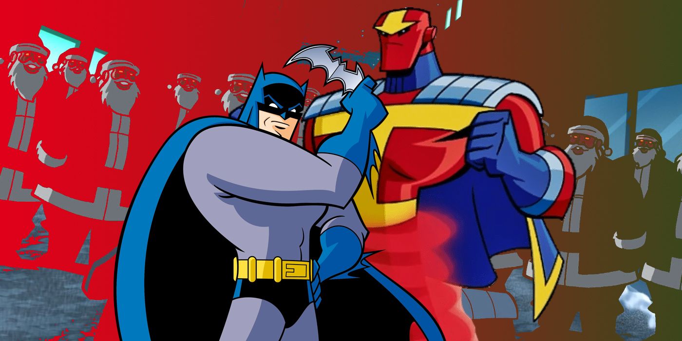 Batman and Red Tornado from The Brave and the Bold with red and green robot Santa Clauses in the background