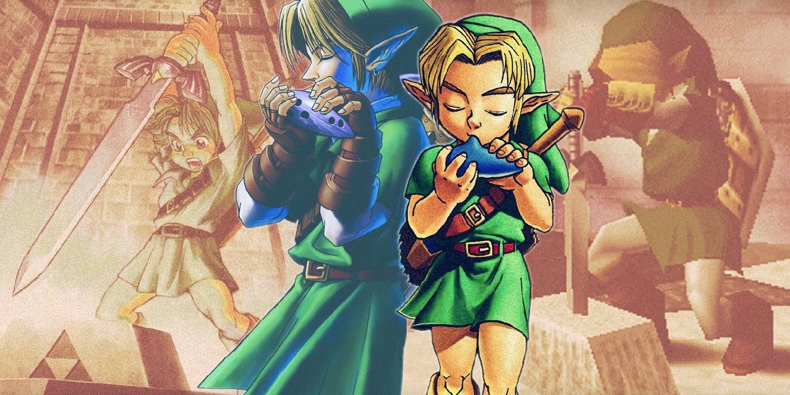 Young Link and Adult Link pull the master sword in the legend of Zelda ocarina of time