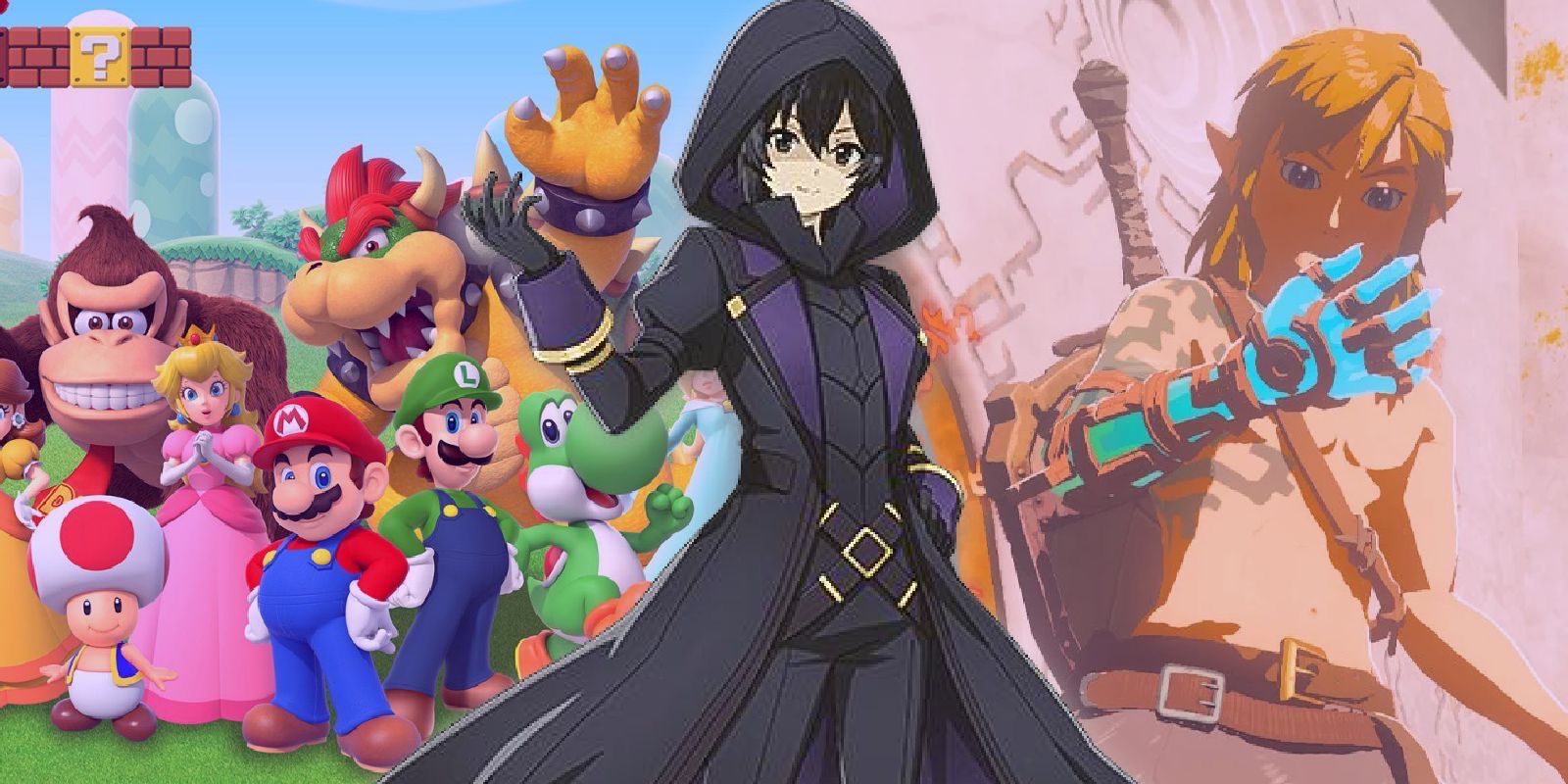 Cid from the eminence in shadow posing in front of Link in tears of the kingdom and Mario bros