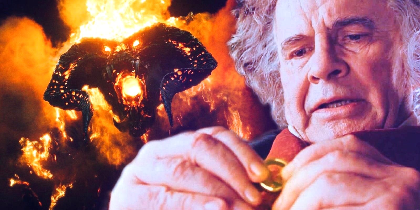 Bilbo looks at the one ring in the lord of the rings and the balrog screams behind him