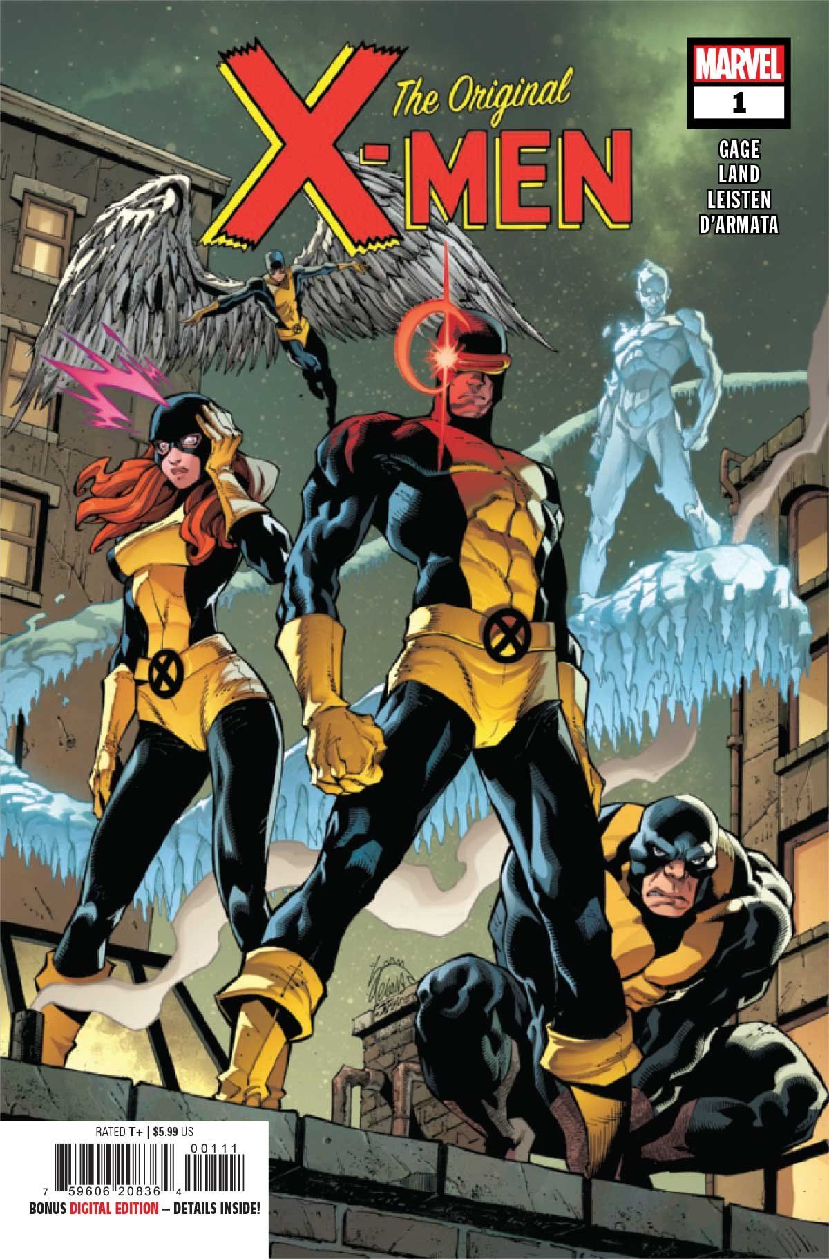 Cyclops, Marvel Girl, Beast, Iceman, and Angel are standing on top of a building.