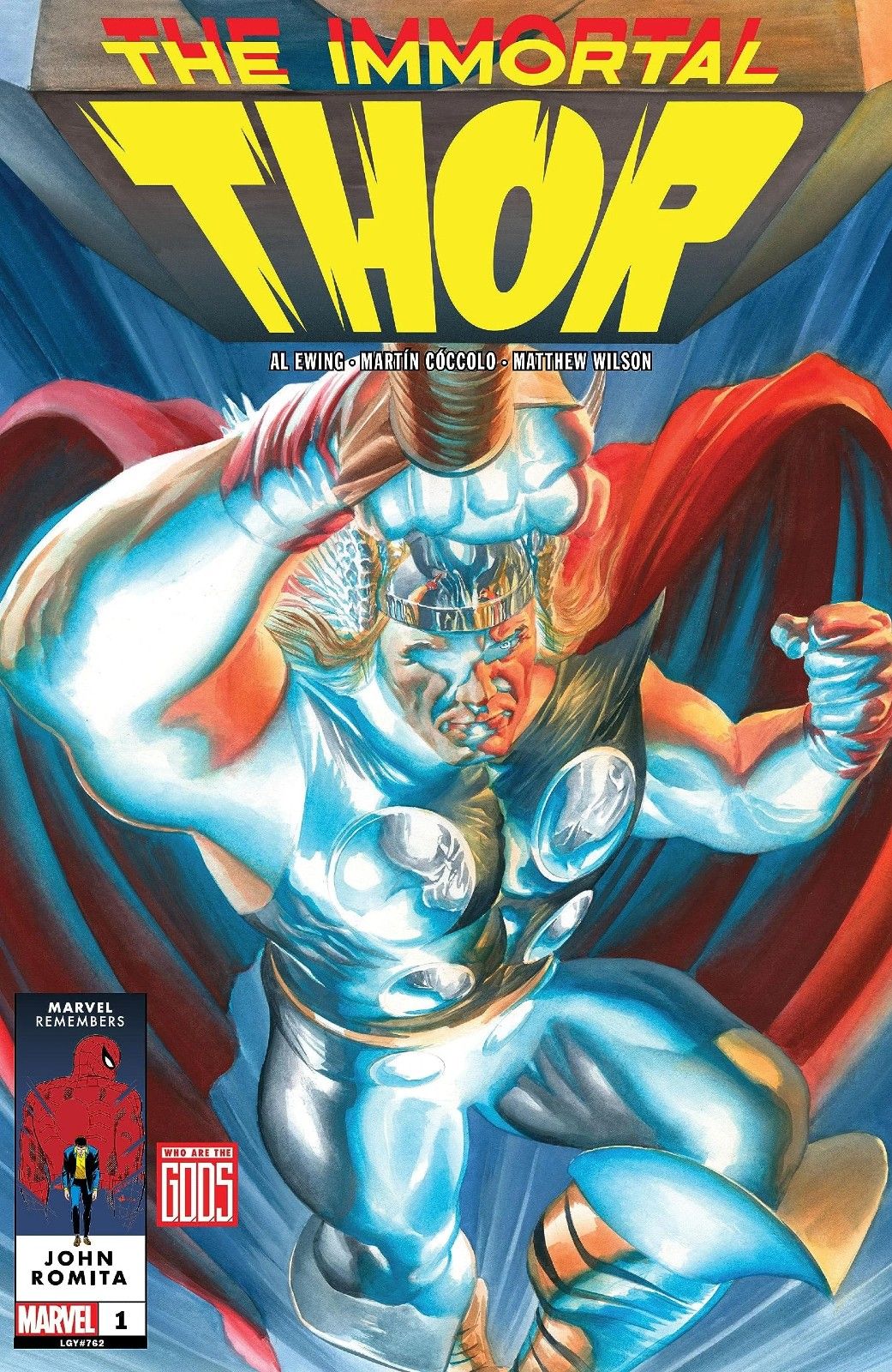 A stylized version of Thor flying with Mjolnir in Immortal Thor #1 by Marvel Comics