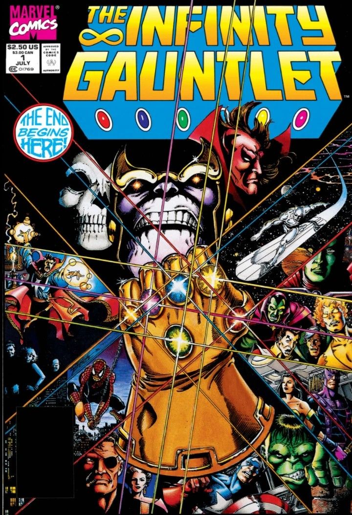 Thanos wearing the Infinity Gauntlet on the cover of Infinity Gauntlet #1 by Marvel Comics
