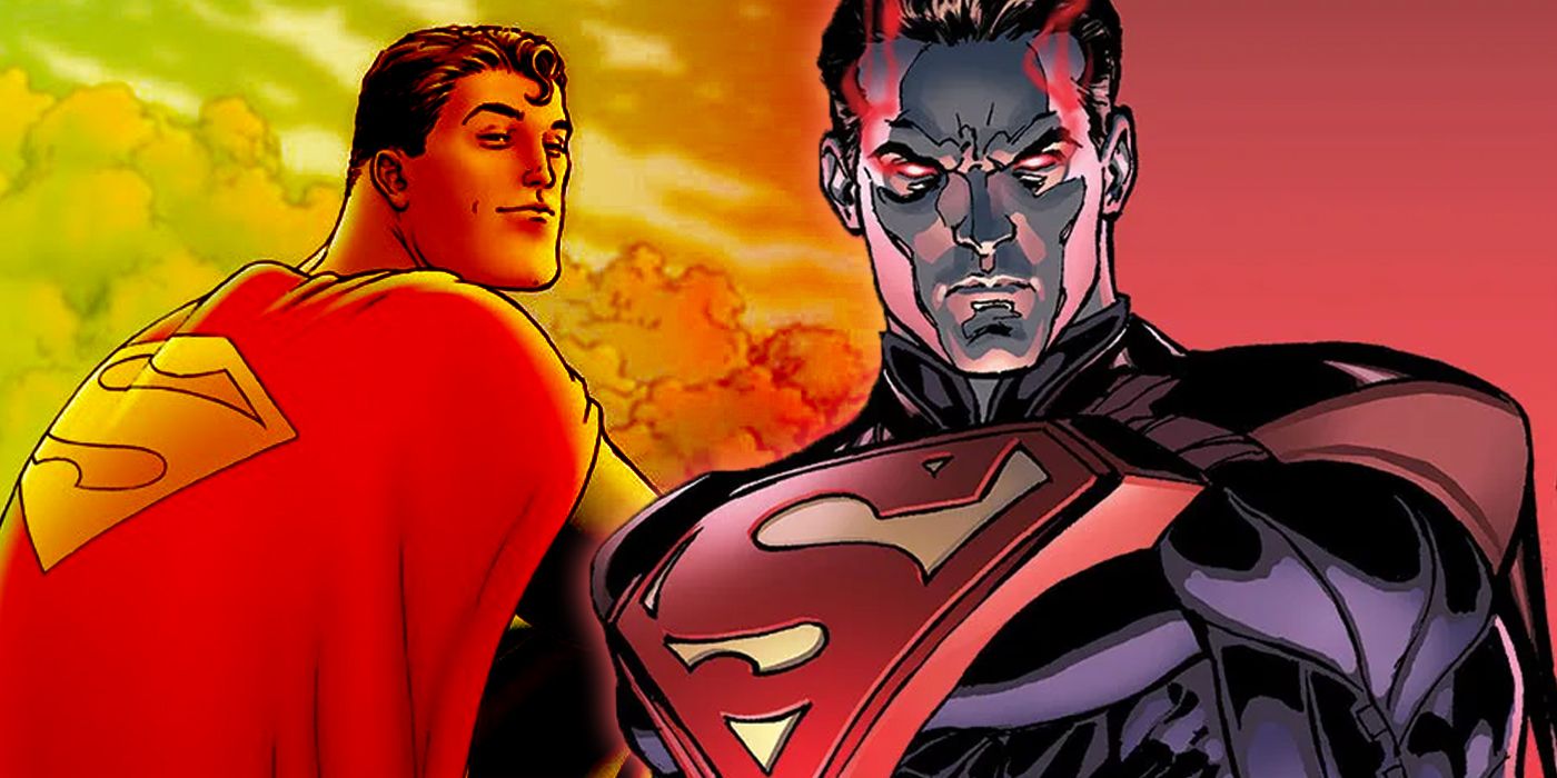 Split image of Superman from Injustice with All-Star Superman in the background