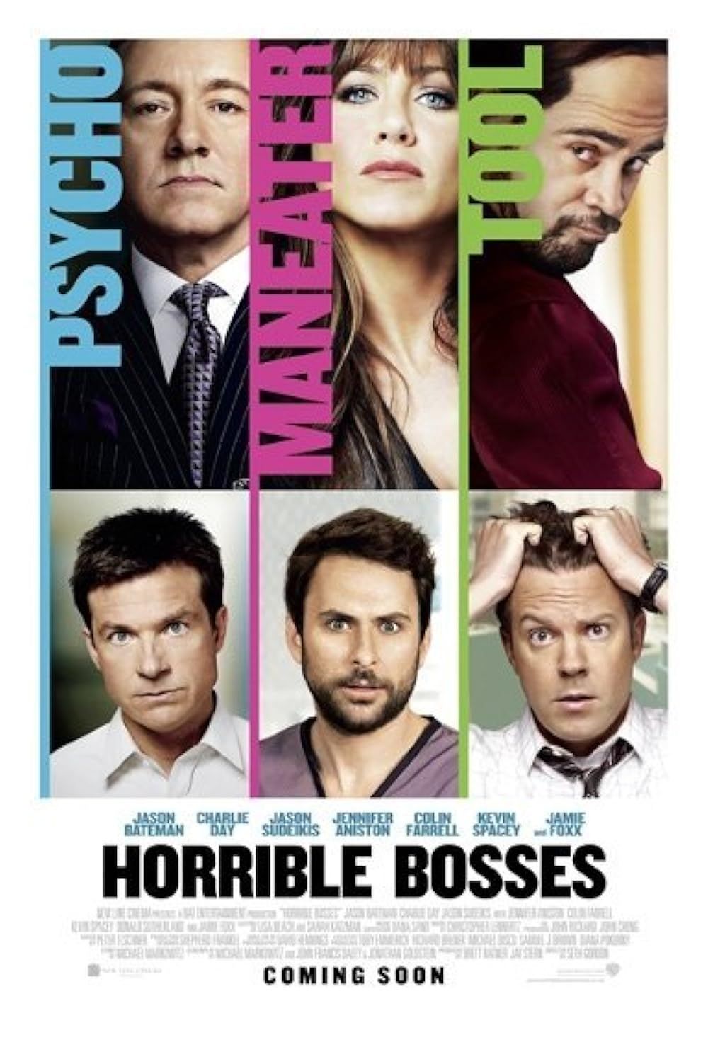 Jennifer Aniston, Kevin Spacey, Jason Bateman, Charlie Day, Colin Farrell, and Jason Sudeikis in Horrible Bosses (2011)