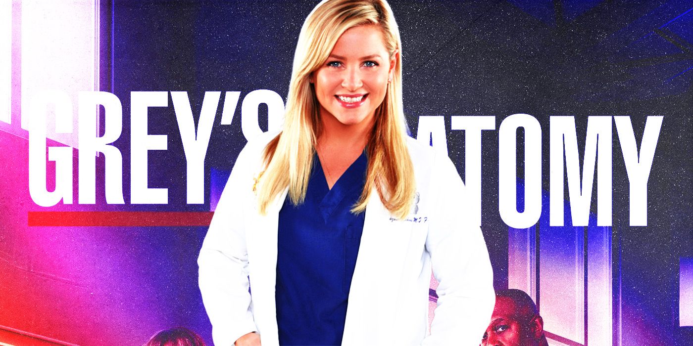 Jessica Capshaw's Arizona Robbins smiling in front of Grey's Anatomy promo poster and logo.