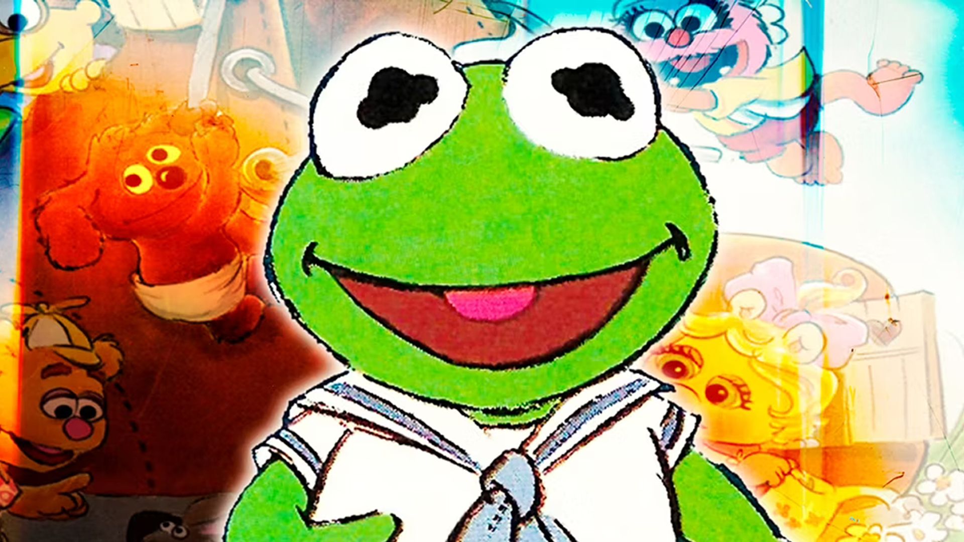A drawing of baby Kermit in front of Muppet Babies art