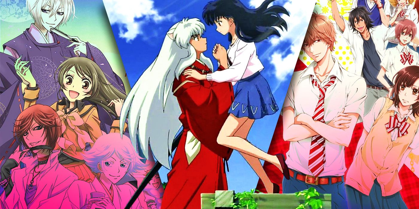 Split image: The cast from Kamisama Kiss, Inuyasha holding Kagome in Inuyasha, and The cast from Wolf Girl and Black Prince