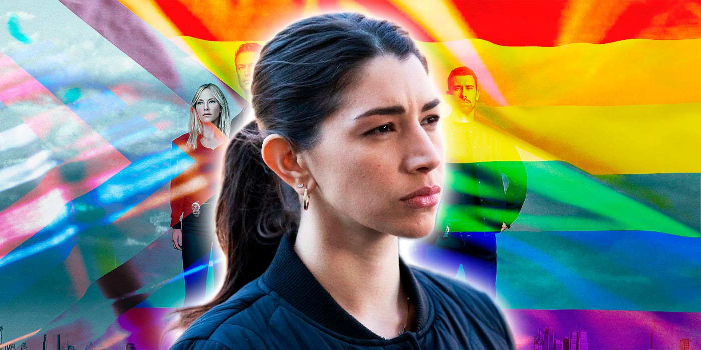 Law & Order: SVU's Kat Tamin (played by actor Jamie Gray Hyder) in front of a Pride flag