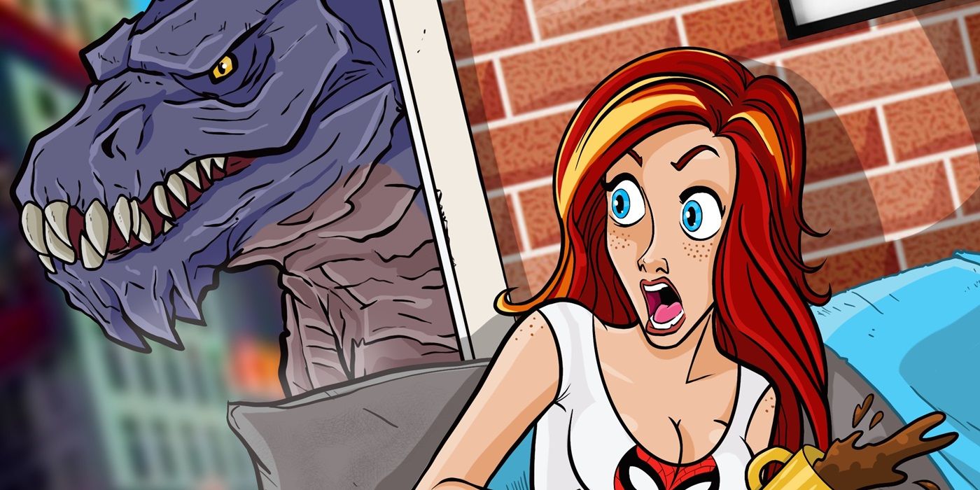 Mary Jane is surprised by Godzilla