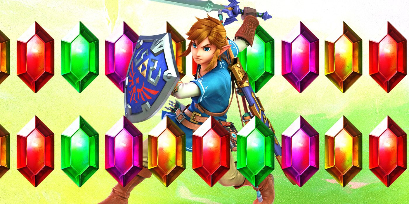 Link from The Legend of Zelda: Breath of the Wild stands in between two rows of rupees.