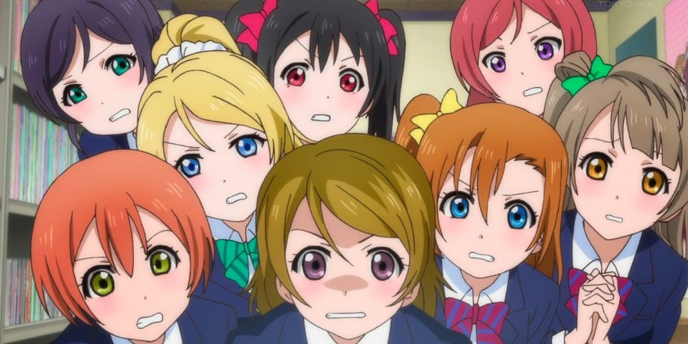 The main characters from the Love Live! School Idol Project anime looking shocked and worried.