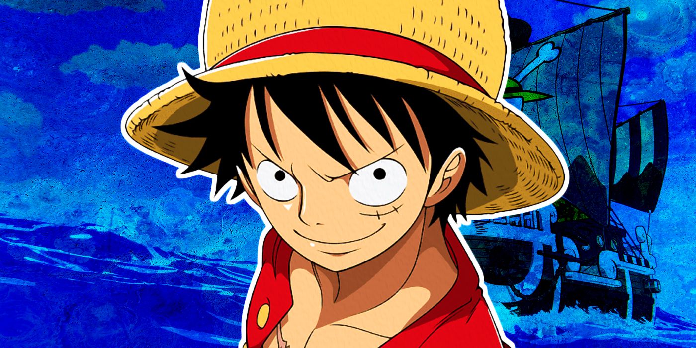 Luffy from the One Piece anime with his ship in the background and a determined smile