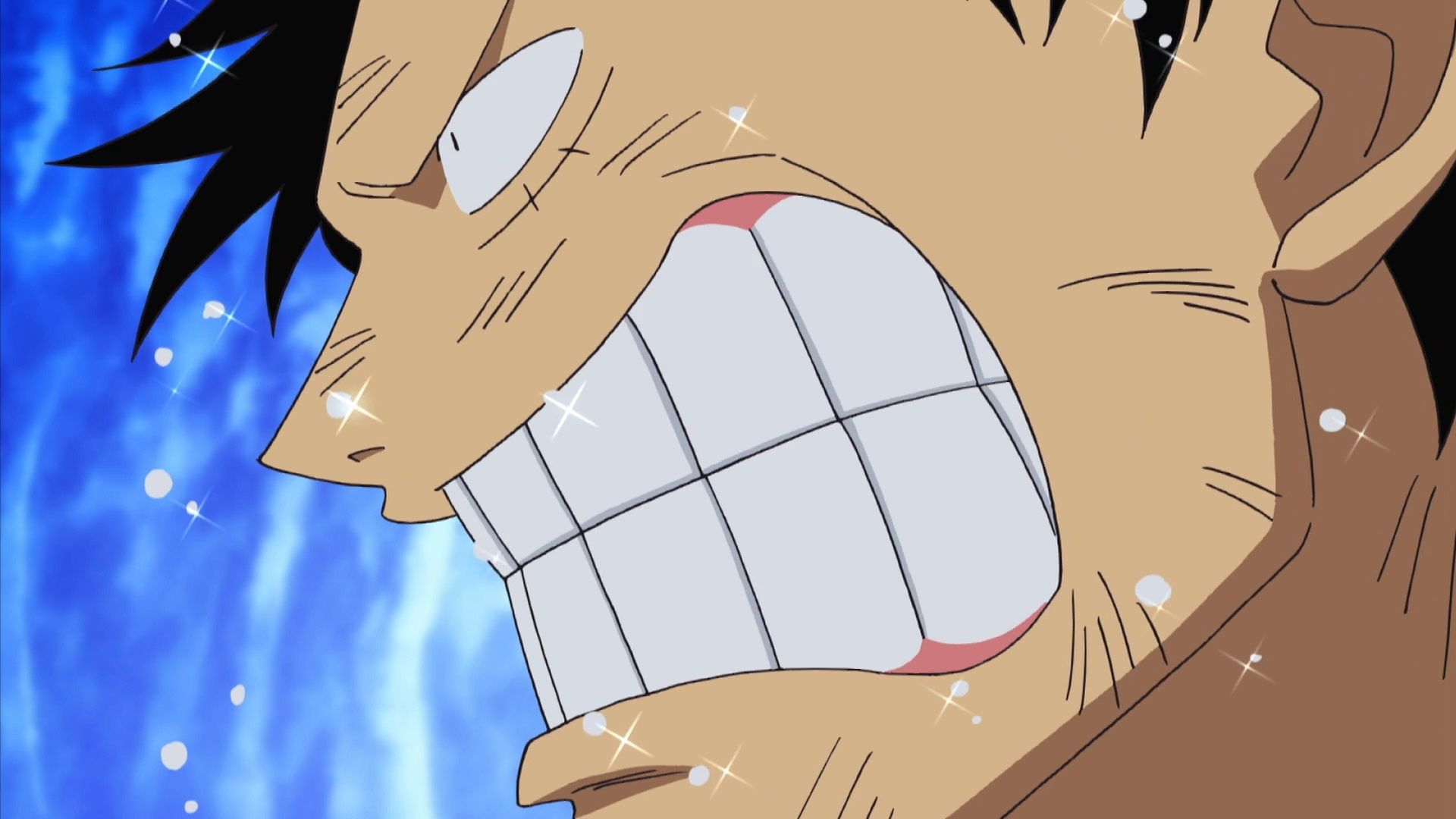 Luffy is baring his teeth while sweating in One Piece.