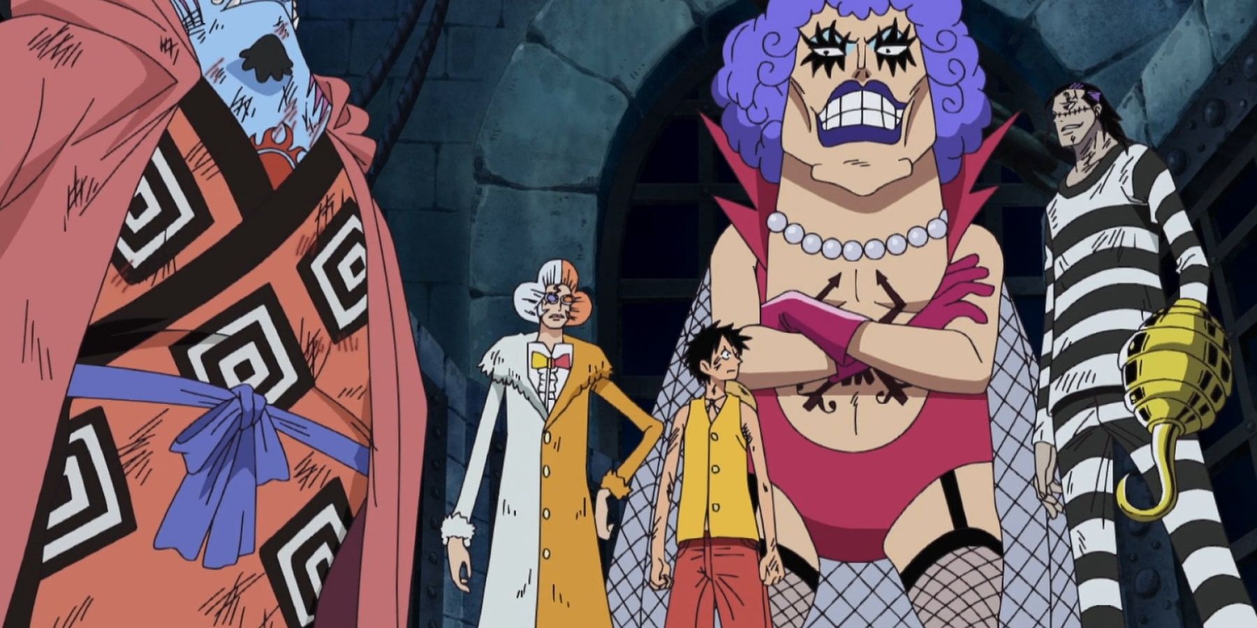luffy stands with crocodile, ivankov, and others in impel down level 6