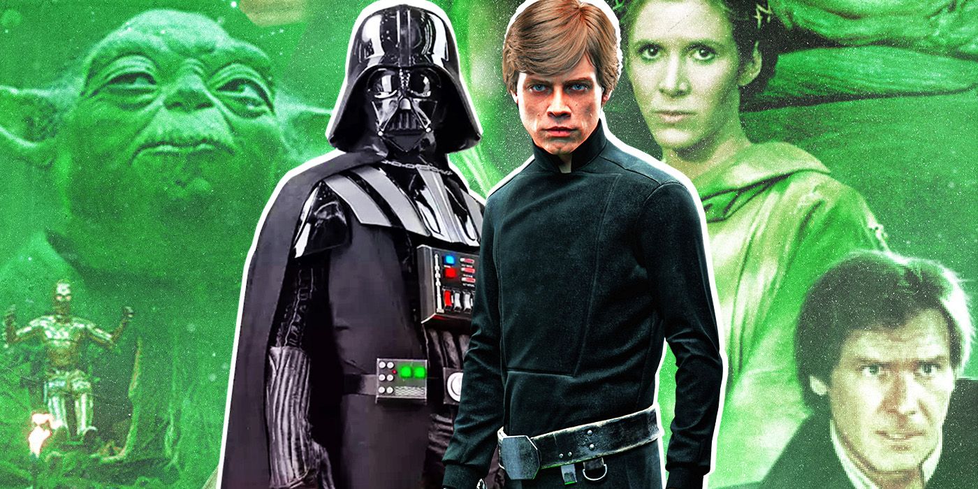Luke Skywalker and Darth Vader in front of poster art for Star Wars Return of The Jedi