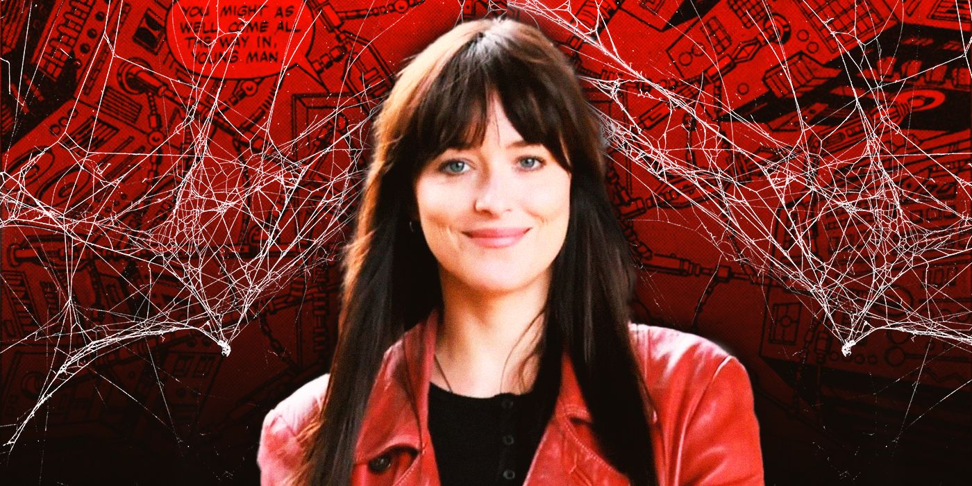 Dakota Johnson sobre un fondo rojo con telas de araña