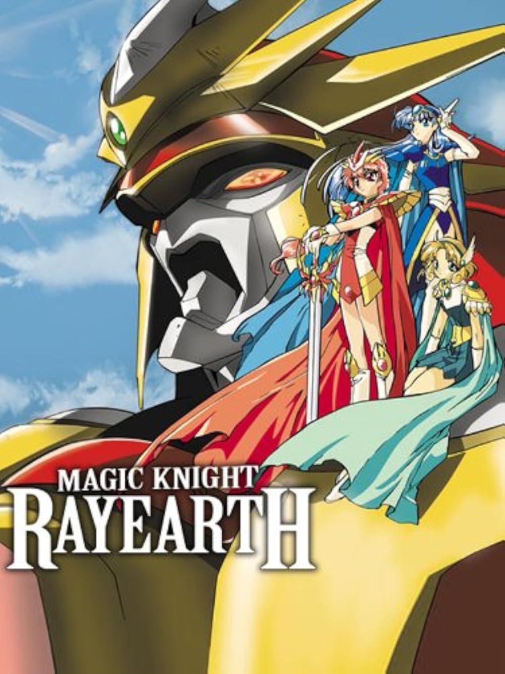 Magic Knight Rayearth cover art, featuring female warriors on the shoulder of a mecha unit
