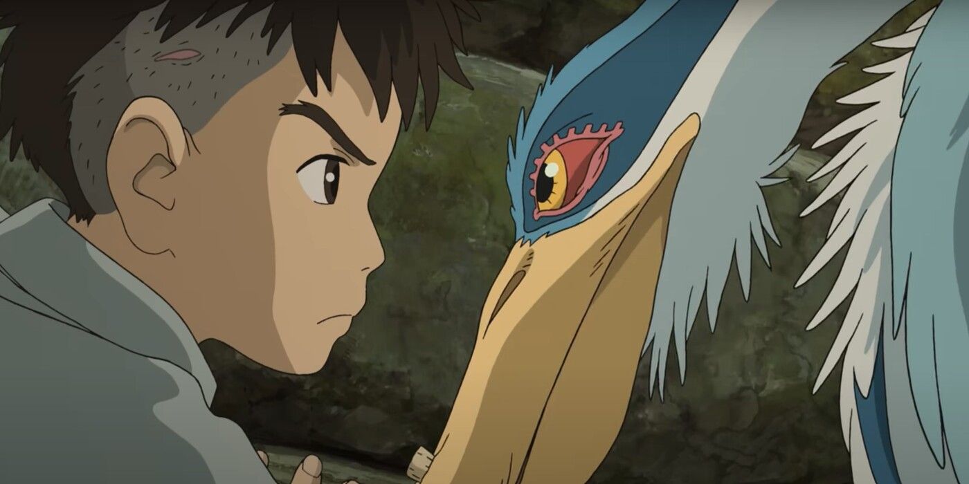 Mahito frowns at the Grey Heron in Studio Ghilbi's The Boy and the Heron.