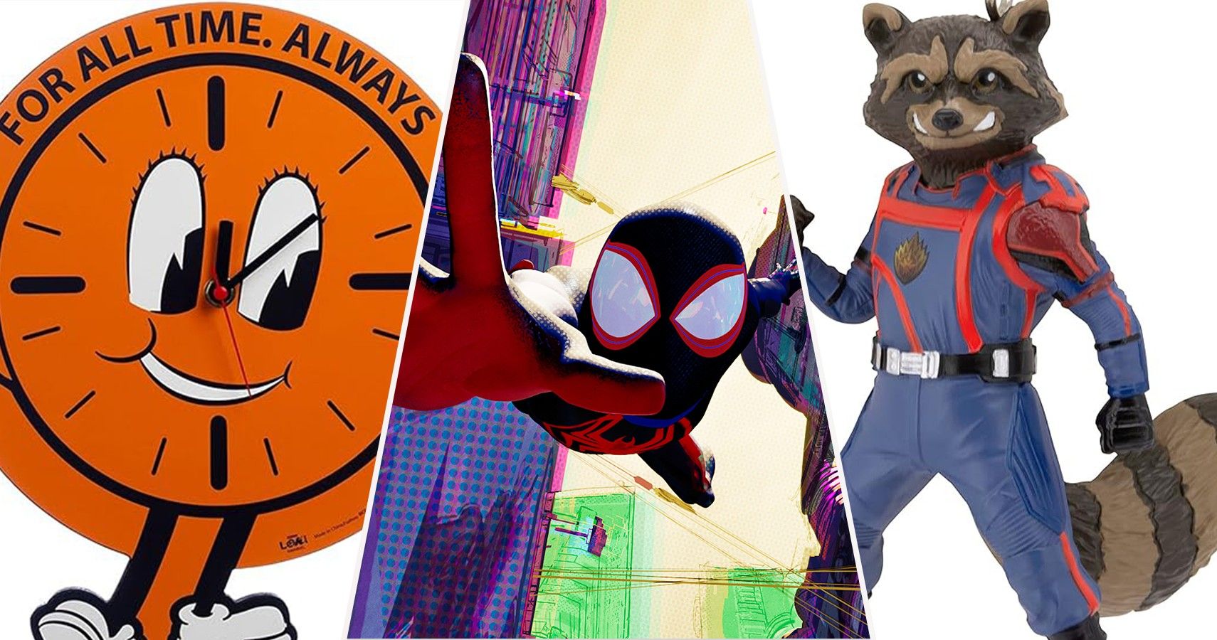 A split image of the Marvel Miss Minutes clock, Spider-Man: Across the Spider-Verse, and Hallmark's Rocket Racoon ornament