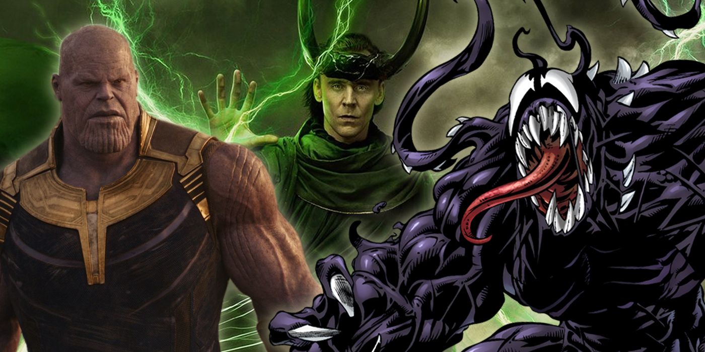 A collage of Thanos and Loki from the MCU with the Ultimate Comics version of the Venom symbiote