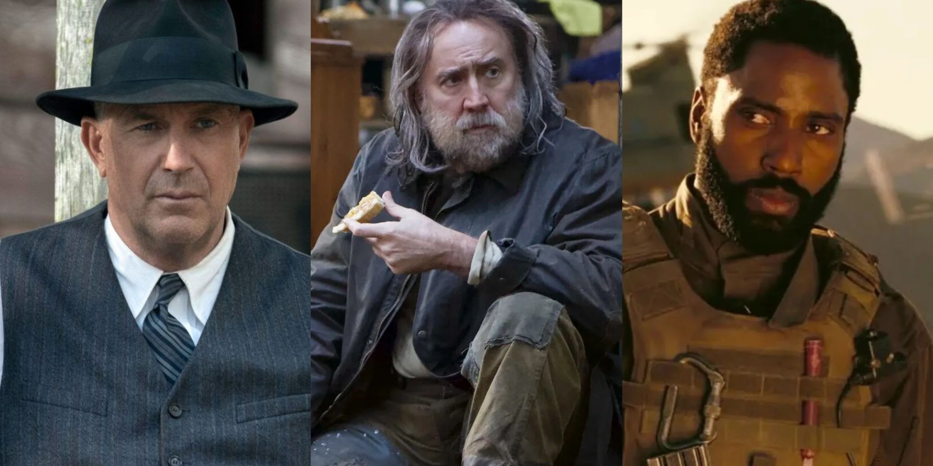Split image Kevin Costner as Frank Hamer, Nicolas Cage as Robin Feld, John David Washington as Protagonist
