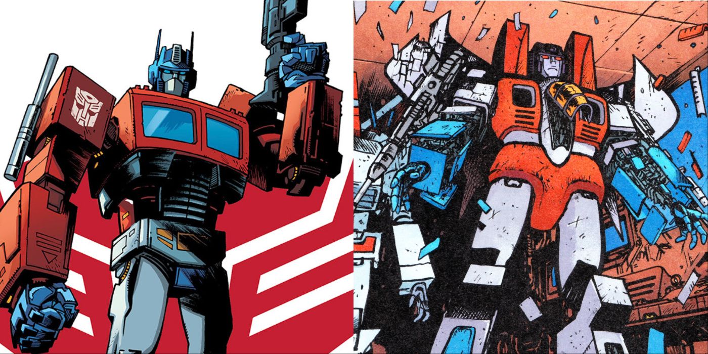 Una imagen dividida de Optimus Prime y Starscream de la serie Skybound Transformers