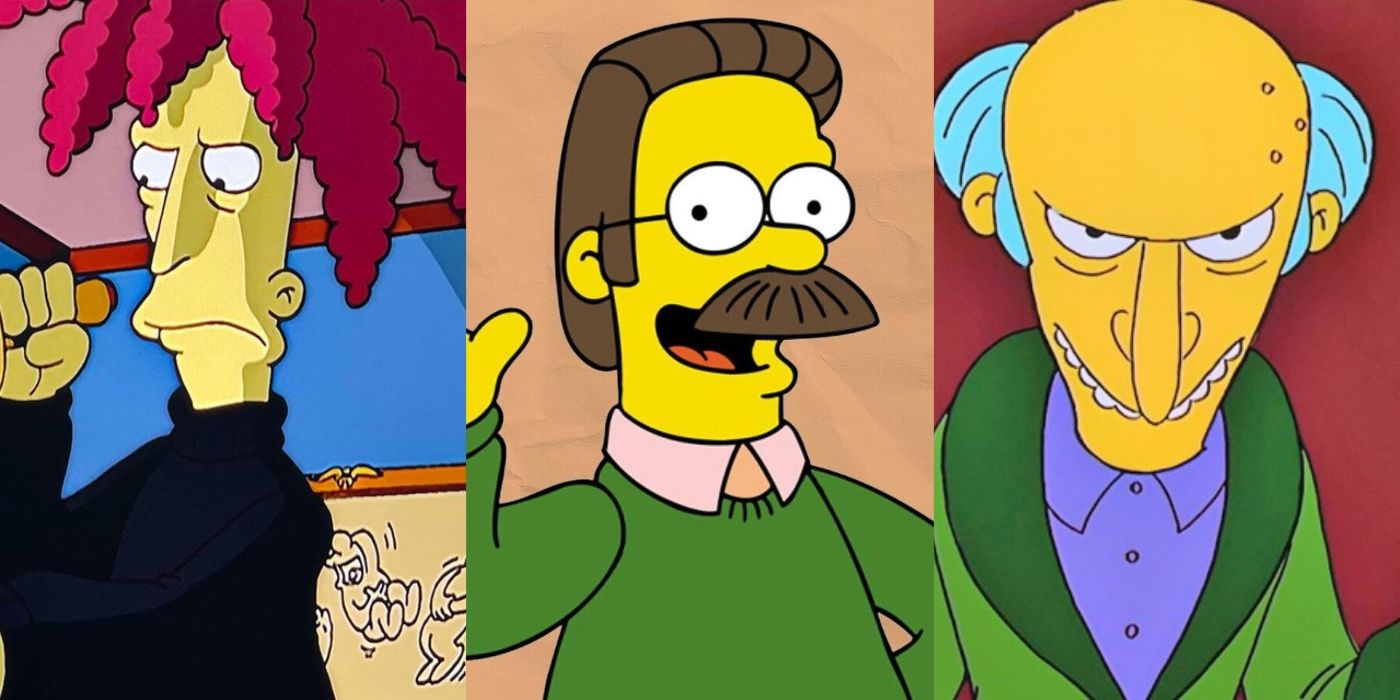 Sideshow Bob plots murder, Ned Flanders smiles, and Mr Burns in The Simpsons.